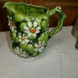 Vtg 1967 cottage core INARCO japan Daisy Green 7 in basket weave quilt pitcher